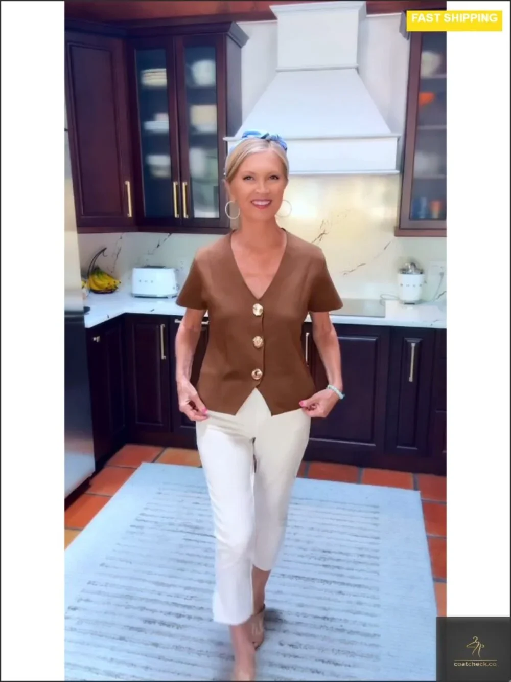Short Sleeve V-Neck Cardigan Sweater with Gold Buttons